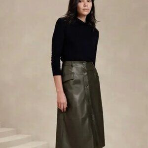 Banana Republic NWOT Black Vegan Leather Button High Waist Midi SSkirt